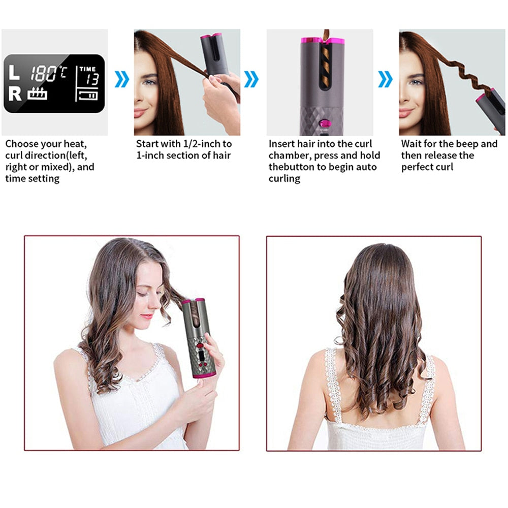 Automatic Wireless Hair Curler Cordless Rotating USB Rechargeable Curling Iron Display Temperature Adjustable Timing Hair Curler