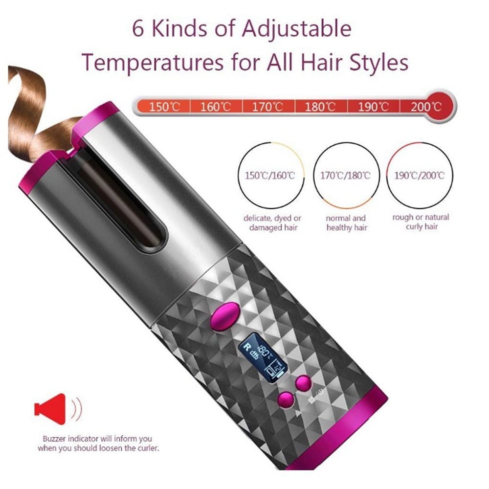 Automatic Wireless Hair Curler Cordless Rotating USB Rechargeable Curling Iron Display Temperature Adjustable Timing Hair Curler