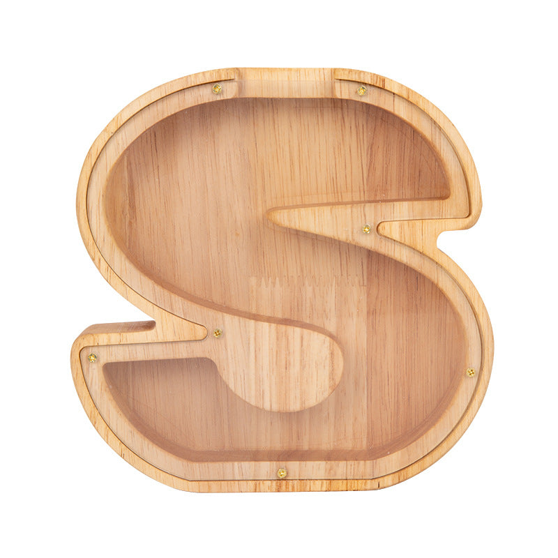 26 Letter Piggy Bank Wooden Coin Money Saving Box Jar