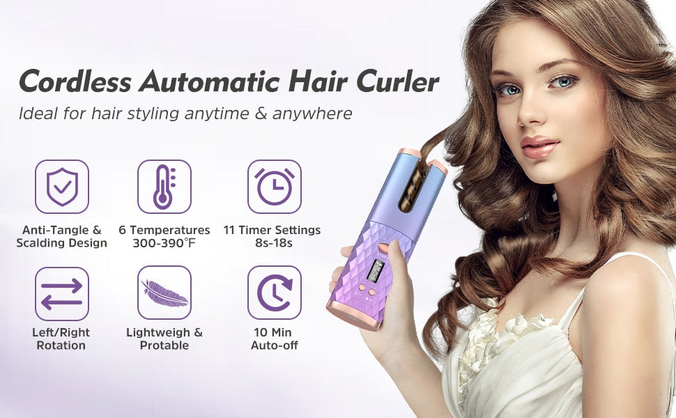 Automatic Wireless Hair Curler Cordless Rotating USB Rechargeable Curling Iron Display Temperature Adjustable Timing Hair Curler